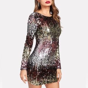 SHEIN Multicolor Sequin Long Sleeve Party Dress